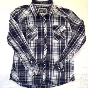 BKE Shirt Mens Large Blue Plaid Athletic Fit Pearl Snap Front Western Buckle